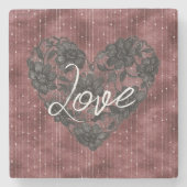 Burgundy Red Stripes Black Floral Faux Lace Heart ストーンコースター (正面)