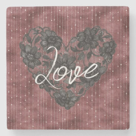 Burgundy Red Stripes Black Floral Faux Lace Heart ストーンコースター