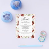 Burgundy Red White Floral Elegant Wedding Menu チラシ (シングル)