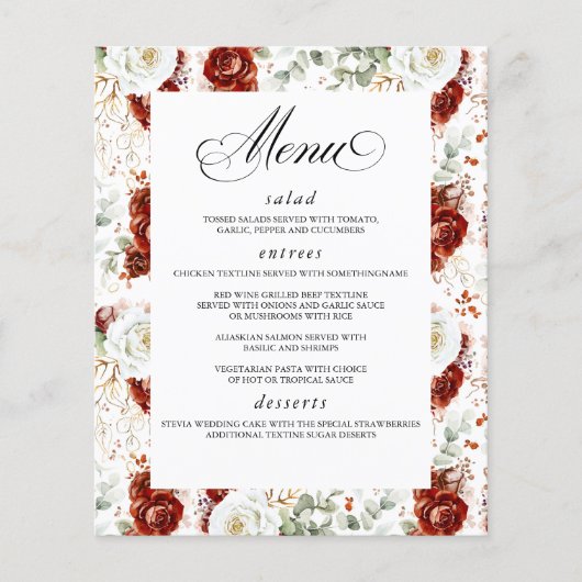 Burgundy Red White Floral Elegant Wedding Menu チラシ (正面)