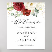 Burgundy Red White Floral Wedding Welcome Sign ポスター (正面)