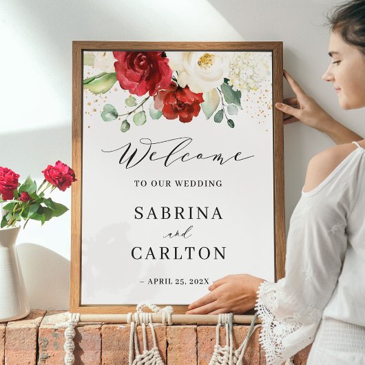 Burgundy Red White Floral Wedding Welcome Sign ポスター