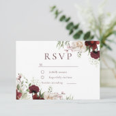 Burgundy Red & White Flowers Elegant Wedding 出欠カード (スタンド正面)