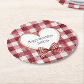 Burgundy Red White Heart Ribbon Birthday ラウンドペーパーコースター (アングル)