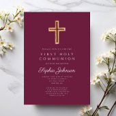 Burgundy Religious Cross Boy First Communion 招待状