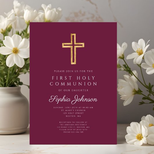 Burgundy Religious Cross Boy First Communion 招待状