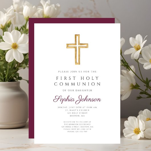 Burgundy Religious Cross Girl First Holy Communion 招待状