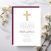 Burgundy Religious Cross Girl First Holy Communion 招待状
