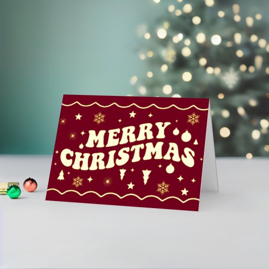 Burgundy Retro Groovy Merry Christmas 箔シーズンカード (クリスマスインサイチュ2)