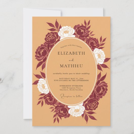 Burgundy Rich Botanical Wedding 招待状 (正面)