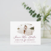 Burgundy Romantic Brushed Photo Save The Date ポストカード (スタンド正面)