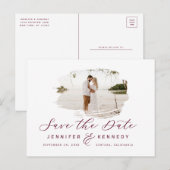 Burgundy Romantic Brushed Photo Save The Date ポストカード (正面/裏面)