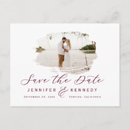Burgundy Romantic Brushed Photo Save The Date ポストカード