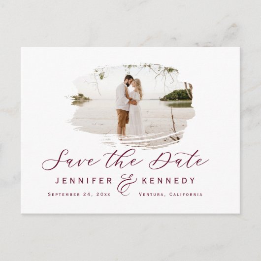 Burgundy Romantic Brushed Photo Save The Date ポストカード (正面)