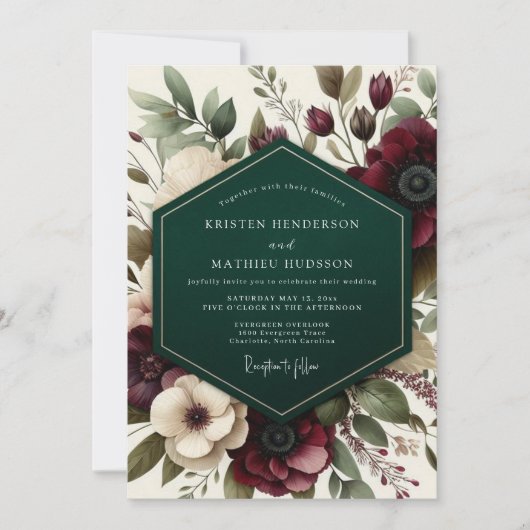 Burgundy Romantic Floral Romance Wedding 招待状 (正面)
