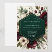 Burgundy Romantic Floral Romance Wedding 招待状 (正面/裏面)