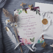 Burgundy Romantic Florals Elegant QR Code Wedding 招待状