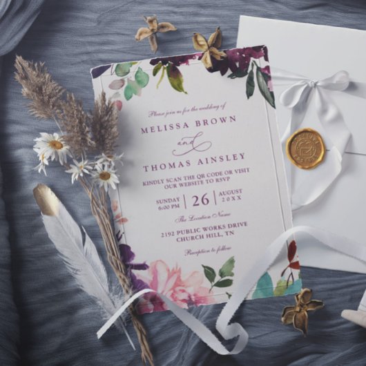 Burgundy Romantic Florals Elegant QR Code Wedding 招待状