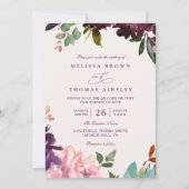 Burgundy Romantic Florals Elegant QR Code Wedding 招待状 (正面)