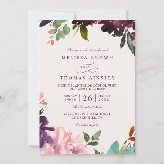 Burgundy Romantic Florals Elegant QR Code Wedding 招待状 (正面)