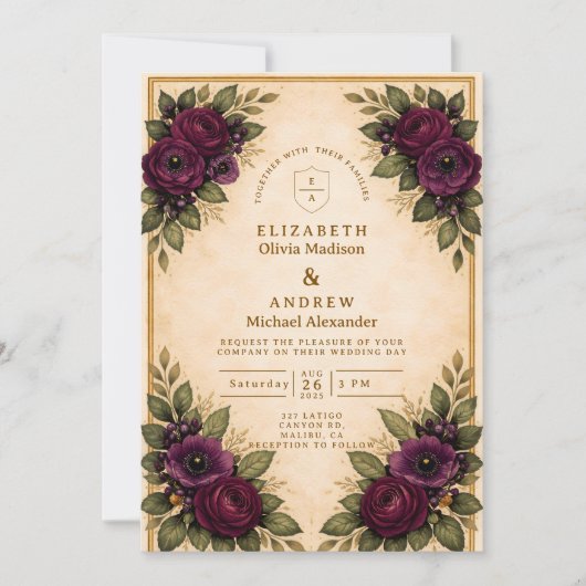 Burgundy Rose Autumn Wedding 招待状 (正面)