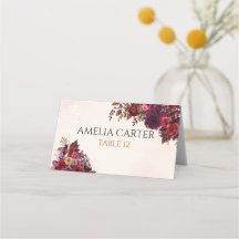 Burgundy Rose Botanical Autumn Wedding Place Card