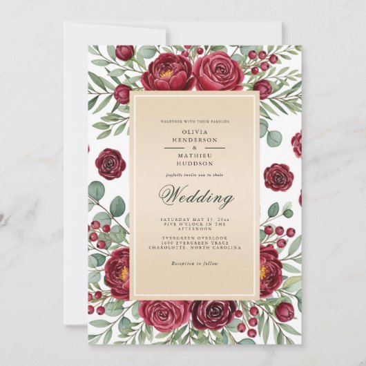 Burgundy Rose Botanical Wedding 招待状 (正面)
