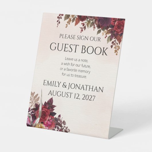 Burgundy Rose Botanical Wedding Guest Book Sign 台座サイン (正面)