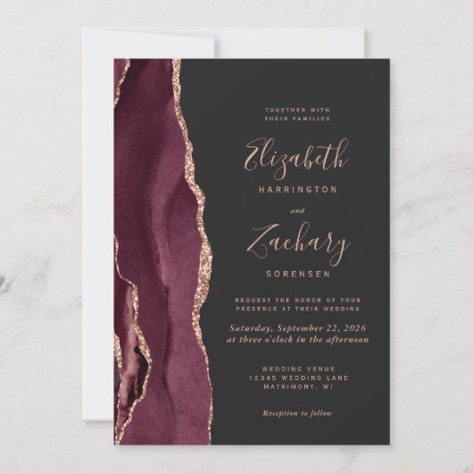 Burgundy Rose Gold Agate Dark Wedding Invitation 招待状 (正面)