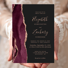 Burgundy Rose Gold Agate Dark Wedding Invitation 招待状