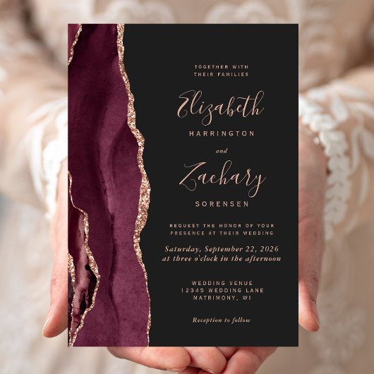 Burgundy Rose Gold Agate Dark Wedding Invitation 招待状