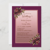Burgundy Rose Gold Script Floral Wedding 招待状 (正面)