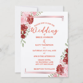 Burgundy & Rose on White Elegant Floral Wedding 招待状