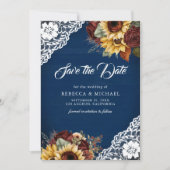 Burgundy Rose Sunflower Navy QR Code Wedding Photo セーブザデート (正面)