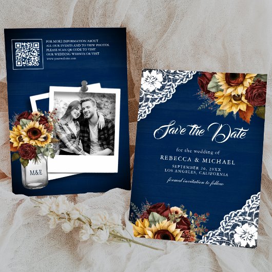 Burgundy Rose Sunflower Navy QR Code Wedding Photo セーブザデート