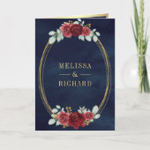 Burgundy Roses All in One QR Code Navy Wedding 招待状 (正面)