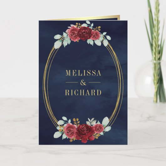 Burgundy Roses All in One QR Code Navy Wedding 招待状 (正面)