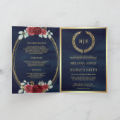 Burgundy Roses All in One QR Code Navy Wedding 招待状 (内部)