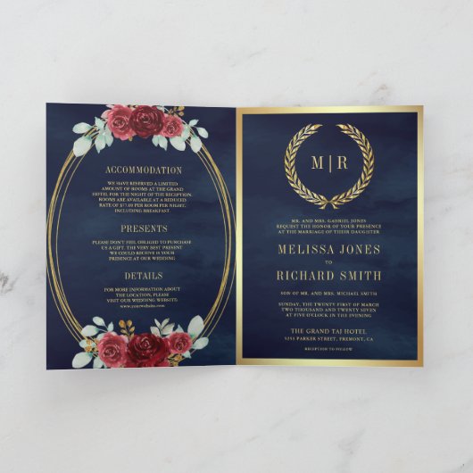 Burgundy Roses All in One QR Code Navy Wedding 招待状 (内部)