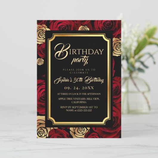  Burgundy Roses Birthday Party Invitation 招待状 (スタンド正面)