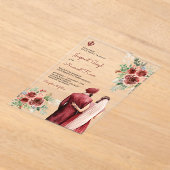 Burgundy Roses Floral Indian Punjabi Sikh Wedding アクリル招待状 (レイダウン)