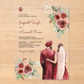 Burgundy Roses Floral Indian Punjabi Sikh Wedding アクリル招待状 (正面)