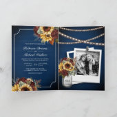 Burgundy Roses Sunflower Navy Blue QR Code Wedding 招待状 (内部)