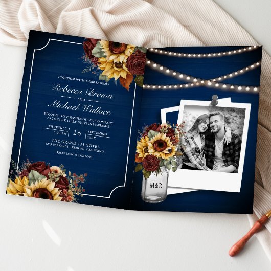 Burgundy Roses Sunflower Navy Blue QR Code Wedding 招待状