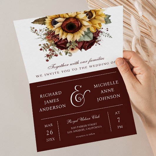 Burgundy Roses Sunflowers QR Code Wedding 招待状