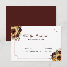 Burgundy Roses Sunflowers Wedding 出欠カード