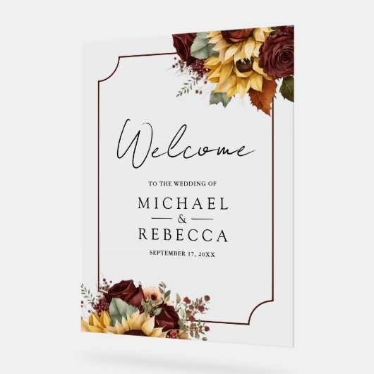 Burgundy Roses Sunflowers Wedding Welcome アクリルサイン (傾斜)