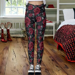 Burgundy Roses with Black Background   レギンス<br><div class="desc">Pretty burgundy roses and foliage with a black background seamless floral pattern leggings.</div>