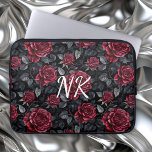 Burgundy Roses with Black Background Monogrammed ラップトップスリーブ<br><div class="desc">Pretty burgundy roses and foliage with a black background seamless floral pattern car monogrammed  laptop sleeve .</div>