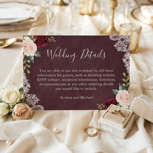 Burgundy Roter Schimmer Blumen Spitzen Hochzeitsde エンクロージャーカード